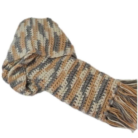 Handmade Crochet Scarf Gray Cream  Brown Upcycled Eco-Friendly Hand Knit Artisan - Picture 15 of 17